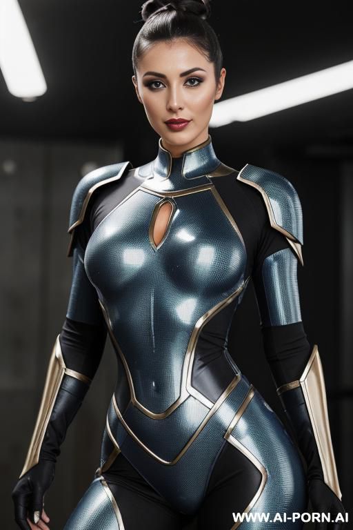 sci-fi holy soldier (front view) (hourglass figure) wide hips, muscular thighs, thighs gap (looking at the viewer) (detailed model face) big head, beautiful sexy face, make up (eye contact) - #main