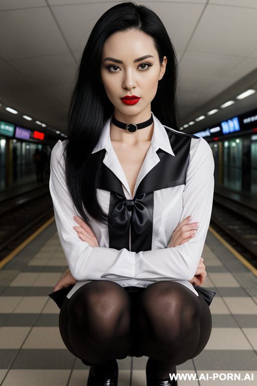reduced chest, narrow chin, narrow back, bitty breast, choker, tinny, plane, tight forehead, nose, narrow lips, roundedy head, wrinkled face, slanted eye, slender, shorty ,confident woman ,long dark - #main
