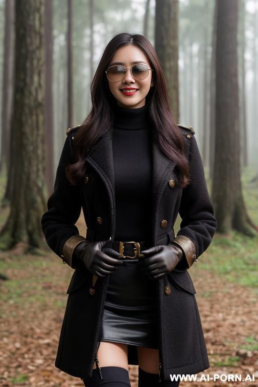gorgeous, realistic face, vietnam, wavy part, security cap, aviators, stand, coat, stockings, gloves, untrimmed pubes, wear purse bag, torso camera view, expose body, and vagina, pantyless, smile, forest. - #main