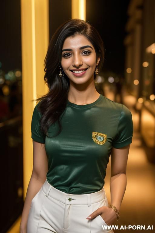 (urwa hocane), (((tanned punjabi ))), ((green short sleeve shirt, business pants )), (christmas), (big nose), ((smiling at the camera)), photorealistic, (ultra detailed photo), (hyper realistic photo), - #main