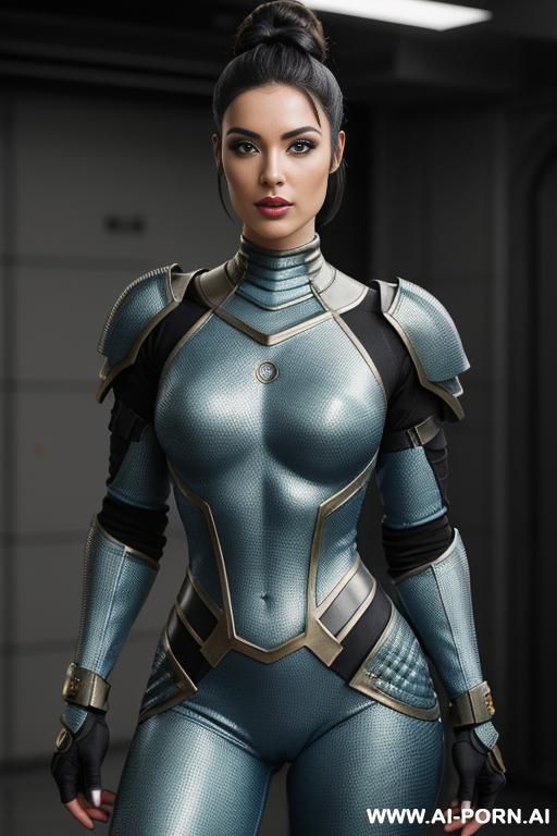 sci-fi soldier (front view) strong body (hourglass figure) wide hips, muscular thighs, thighs gap (looking at the viewer) (detailed model face) beautiful sexy face, alluring smile, detailed skin, detailed hands (wearing sci-fi burdy scaly armor) - #main