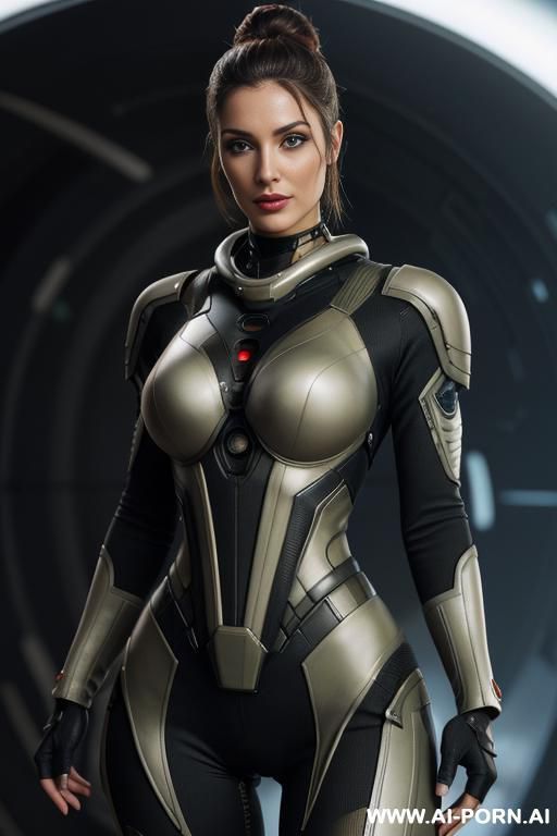 sci-fi soldier (front view) strong body (hourglass figure) wide hips, muscular thighs, thighs gap (looking at the viewer) (detailed model face) beautiful sexy face, alluring smile, detailed skin, detailed hands (wearing sci-fi device) - #main