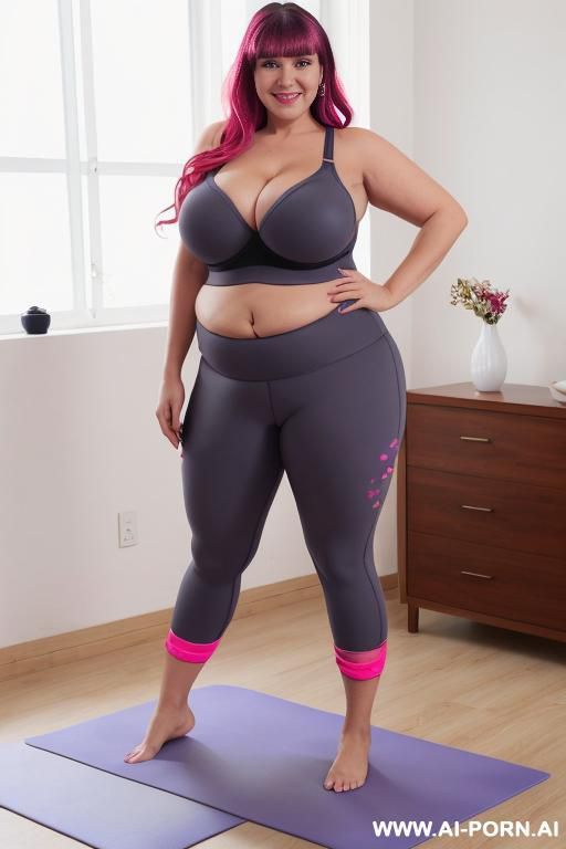 a beautiful milf in her 0s with a plump, chubby, and thick body.she has huge breasts and a big ass, her hair is gray, and she wears tight yoga clothes. - #main