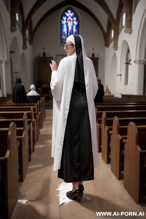 nun wearing shiny latex, glasses, extremely angry, mouth and eyes wide open, looking back at viewer, full body view - #main