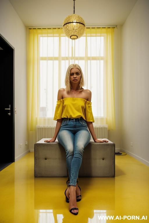 empty yellow concrete rooms bright lights ceiling lamps big rooms - #main