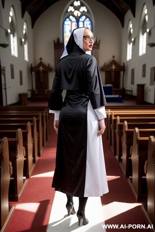 nun wearing shiny latex, glasses, extremely angry, mouth and eyes wide open, looking back at viewer, full body view - #main