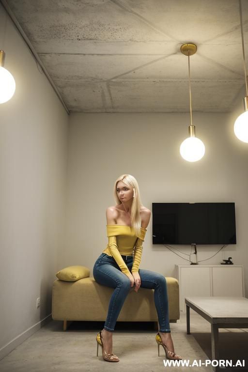 empty yellow concrete rooms bright lights ceiling lamps big rooms - #main