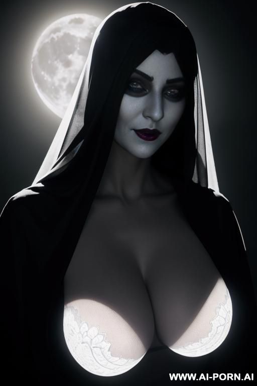(front view), (looking at the viewer), shade, ghostly skined body, ghostly shaded face, cruel face expression, gloving eyes, terrifying eyes, evil grin, wide breasts, high breasts, garbed entirely in - #main