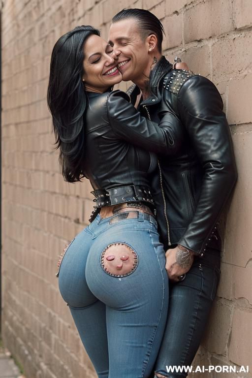 ((((latina rock milf hugging and kissing a muscular punk man on the lips)))) with ((((((gigantic tits)))))) and ((long hair)), (((makeup))) , (((woman wearing a tight spiked black leather jacket))) - #main