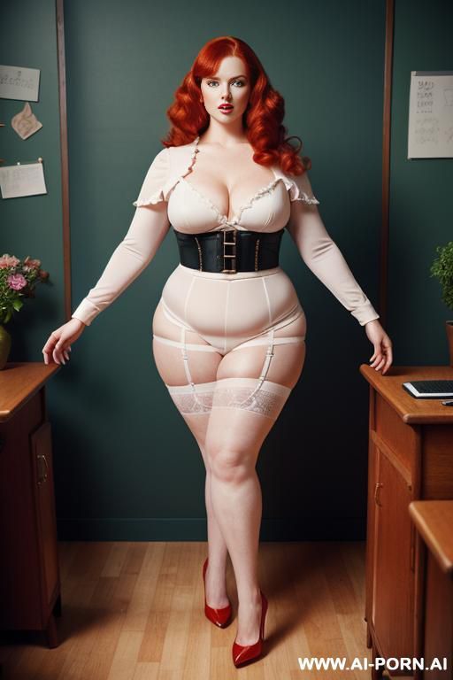 full body photo shot, about at classroom, chubby very ((very obese)) redhead fat bbw curvy teacher, wearing a sexy and hot micro ruffle leather skirt, and elegant top, teaching to the classroom. ((dynamic angle)), perfect face - #main