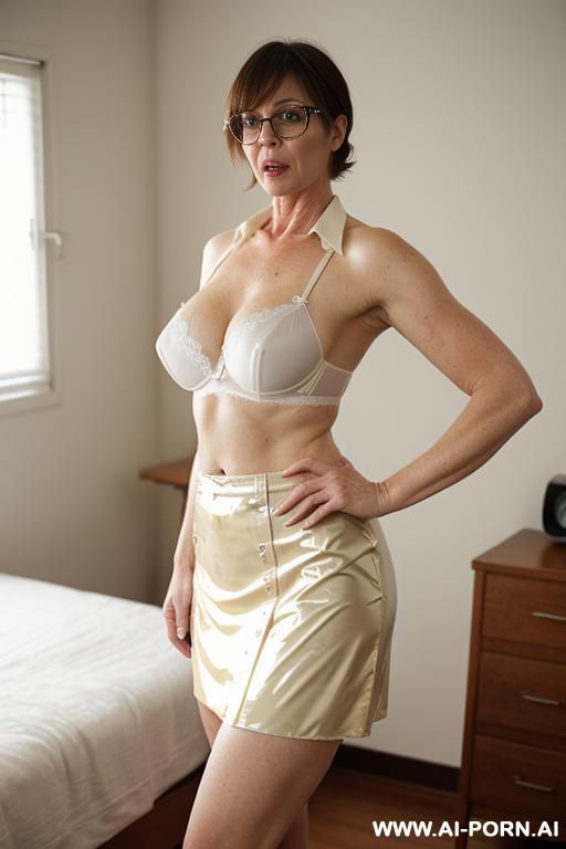 keep face, very mature, old, shiny transparent latex skirt, brightly lit bedroom, full body view, standing position, rear side view, slightly chubby stomach, huge hips and ass, extremely shocked expression, mouth wide open, looking back at viewer - #main