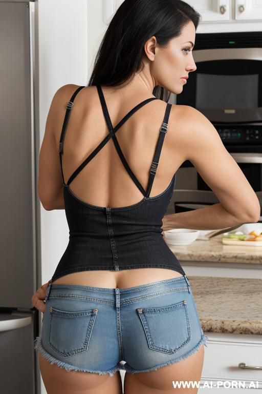 suburban mom, denim shorts, black tank top, kitchen, bending over the stovetop, view from behind, she looks back at the camera - #main