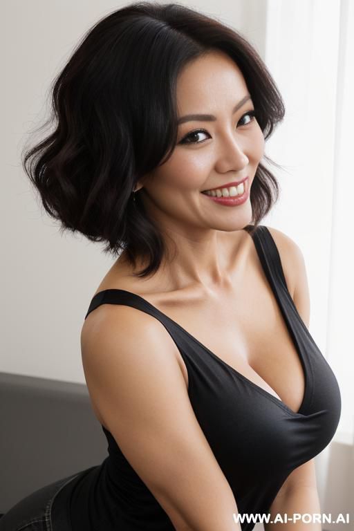 (close up) (smiling) (bending down) (alluring milf) (colorful black v-neck t-shirt) (enormous tits) (perfect pokies) (push-up cleavage) - #main