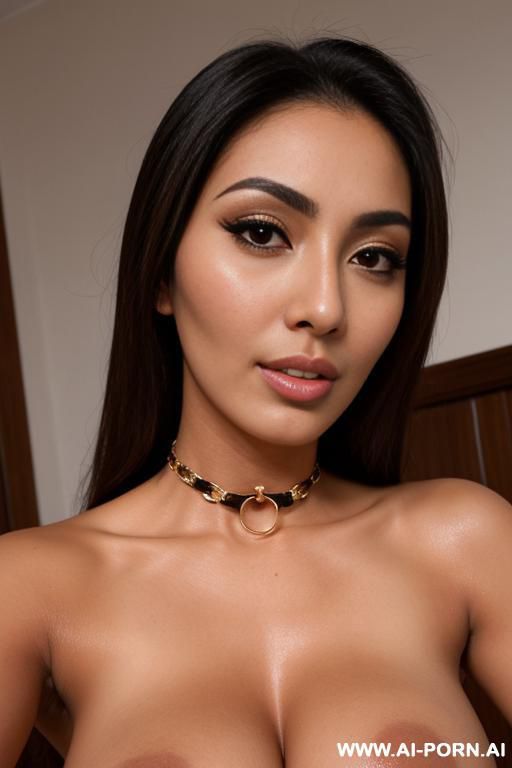 middle eastern, submissive bimbo trophy wife, deep tan, hourglass bimbo figure, bondage collar, naked, ready for sex, closeup on face - #main