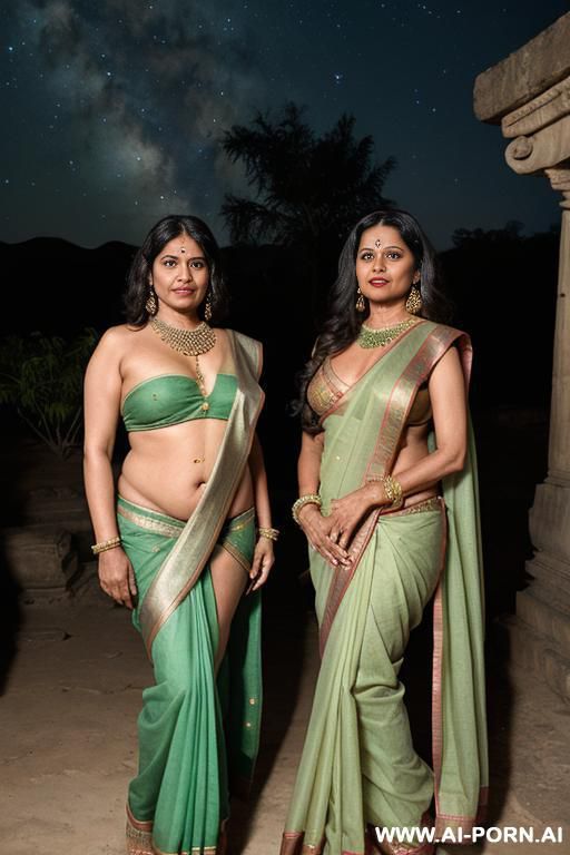 two ancient indian fifty years old brunette full naked pudgy females with shaved vaginas and one ancient indian queen in a green sari together under the stars - #main