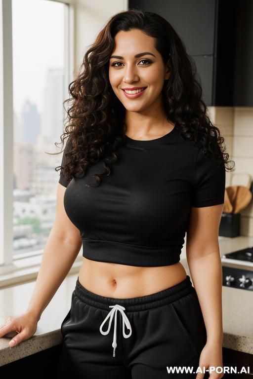 (((arabic ))), ((black crew neck short sleeve shirt, jogger pants )), (big full lips), ((smiling at the camera)), photorealistic, (ultra detailed photo), (hyper realistic photo), standing in a modern - #main