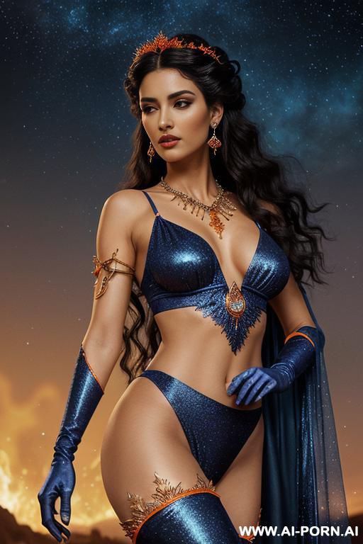 (front view), (looking at the viewer), (detailed face), (detailed body), (detailed skin), (detailed hands), star princes, toned figure, natural breasts, curly long dark indigo hair with white glitter, - #main