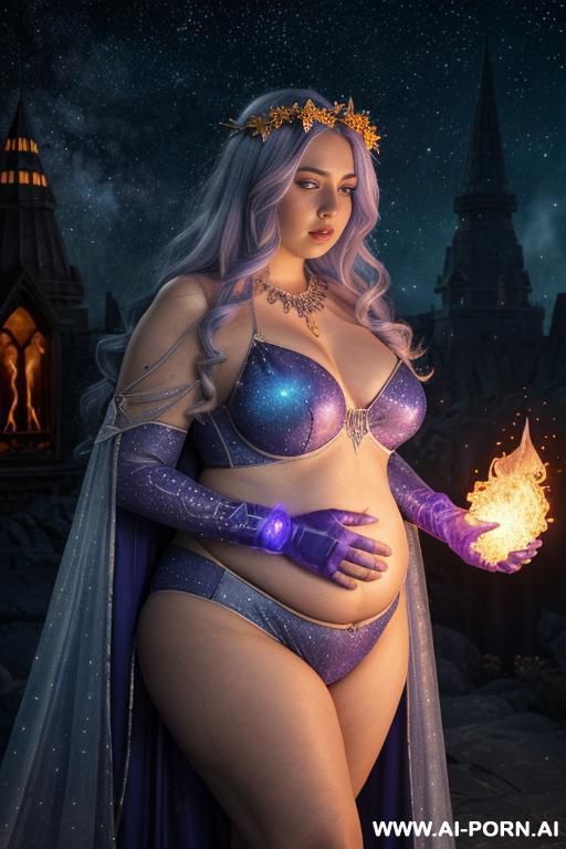 (front view), (looking at the viewer), (detailed face), (detailed body), (detailed skin), (detailed hands), star princes, chubby figure, natural breasts, curly long white hair with indigo glitters, - #main