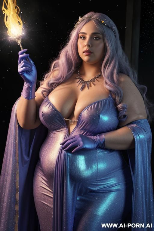 (front view), (looking at the viewer), (detailed face), (detailed body), (detailed skin), (detailed hands), star princes, obese figure, natural breasts, curly long white hair with indigo glitters, - #main
