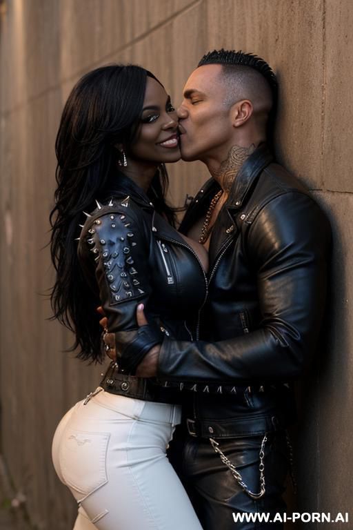 ((((extremely dark skin african rap milf hugging and kissing a muscular punk white man on the lips)))) with ((((((gigantic tits)))))) and (((long hair))), (makeup) , (((tight spiked black leather - #main