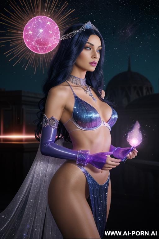 (front view), (looking at the viewer), (detailed face), (detailed body), (detailed skin), (detailed hands), star princes, toned figure, natural breasts, curly long dark blue hair with white glitter, - #main