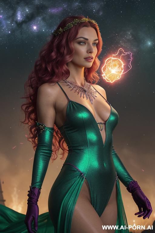 (front view), (looking at the viewer), (detailed face), (detailed body), (detailed skin), (detailed hands), star princes, toned figure, natural breasts, curly long dark beetroot hair with green - #main
