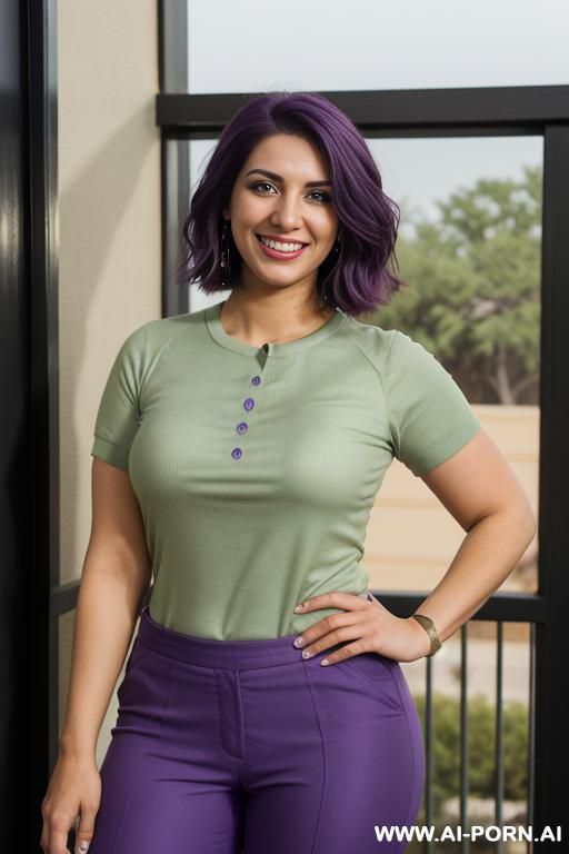 ((( pakistani ))), (( purple short sleeve crew neck shirt, pants )), (christmas), (modern texas ranch house), (big nose), ((smiling at the camera)), photorealistic, (ultra detailed photo), (hyper - #main