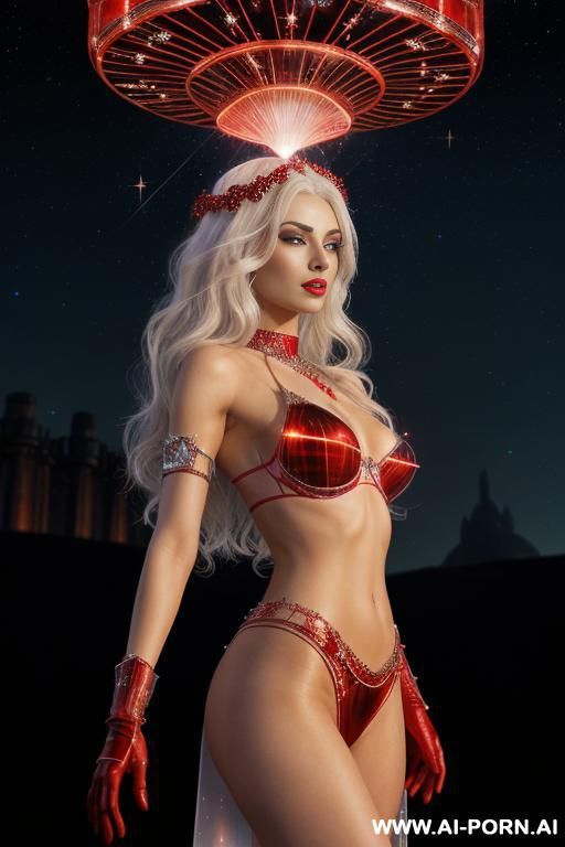 (front view), (looking at the viewer), (detailed face), (detailed body), (detailed skin), (detailed hands), star princes, toned figure, natural breasts, curly long white hair with red glitter, ruby - #main