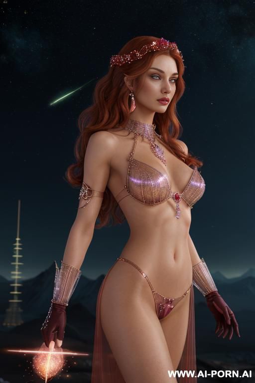 (front view), (looking at the viewer), (detailed face), (detailed body), (detailed skin), (detailed hands), star princes, toned figure, natural breasts, curly long copper hair with ruby glitter, ruby - #main
