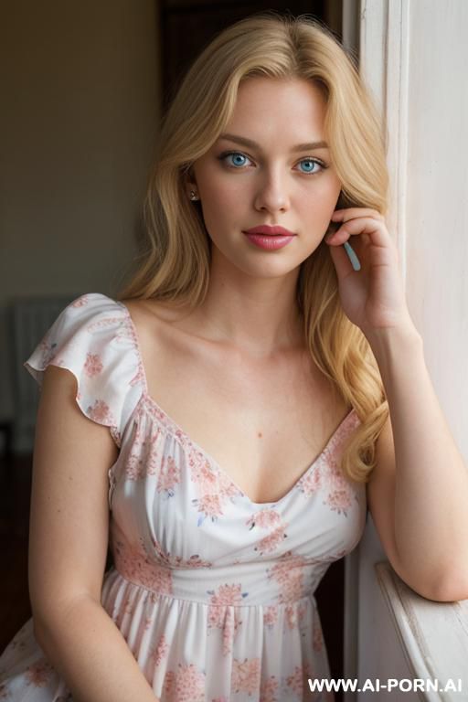 natural beauty, thick wavy natural golden-blonde hair, large expressive cerulean blue eyes, dark eyelashes, heart-shaped face, naturally full pink lips, soft body, soft full c-cup breasts, wearing a - #main