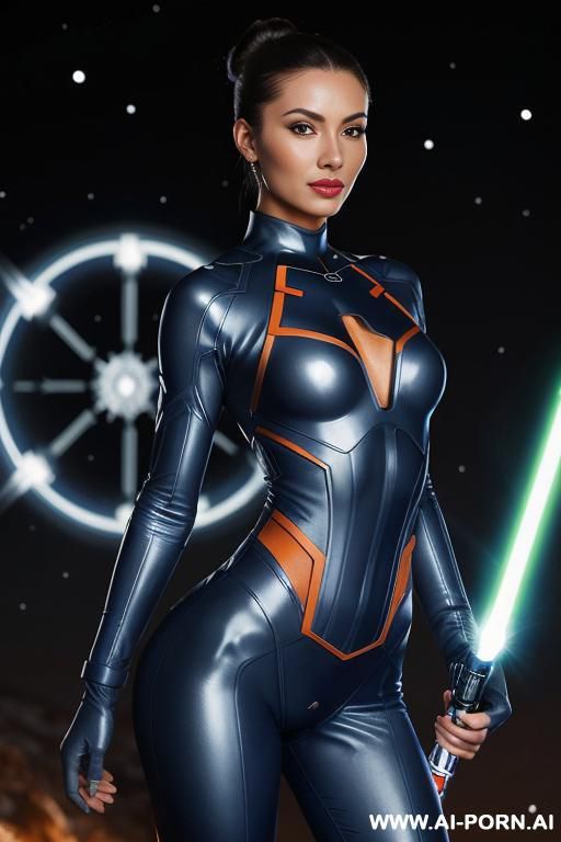 sci-fi swordwoman (front view) (keep face) (detailed face) (detailed eyes) detailed body, detailed hands, detailed skin, voluminous hair, narou waist, wide hips, firm boobs, muscular thighs, (beautiful - #main