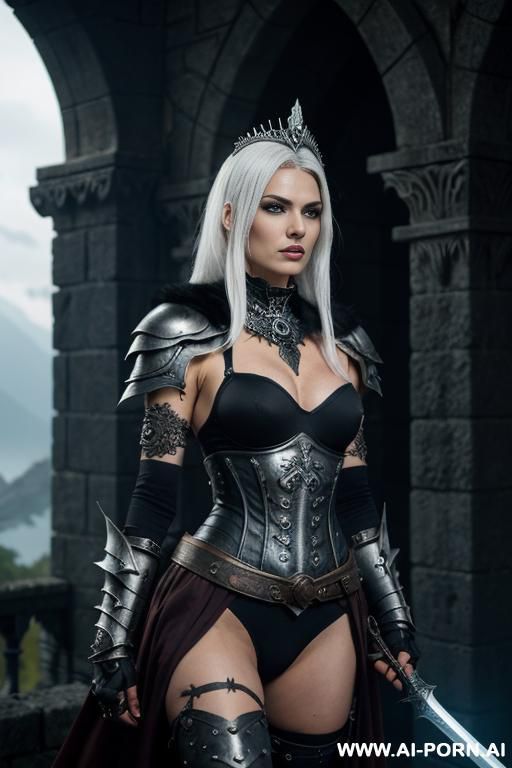 (front view), (eye contact), looking at viewer, dark fantasy swordswoman, dominant body pose, threaing looking woman, arrogant cruel face, ultra realistic, slender sinewy body, sharp breasts, (pallid - #main