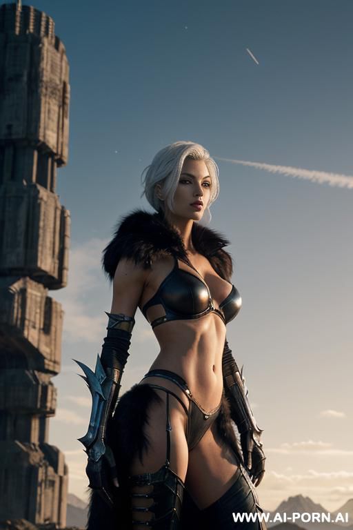 (front view), (eye contact), looking at viewer, dark fantasy sci-fi swordswoman, dominant body pose, threaing looking woman, arrogant cruel face, ultra realistic, slender sinewy body, sharp breasts, - #main