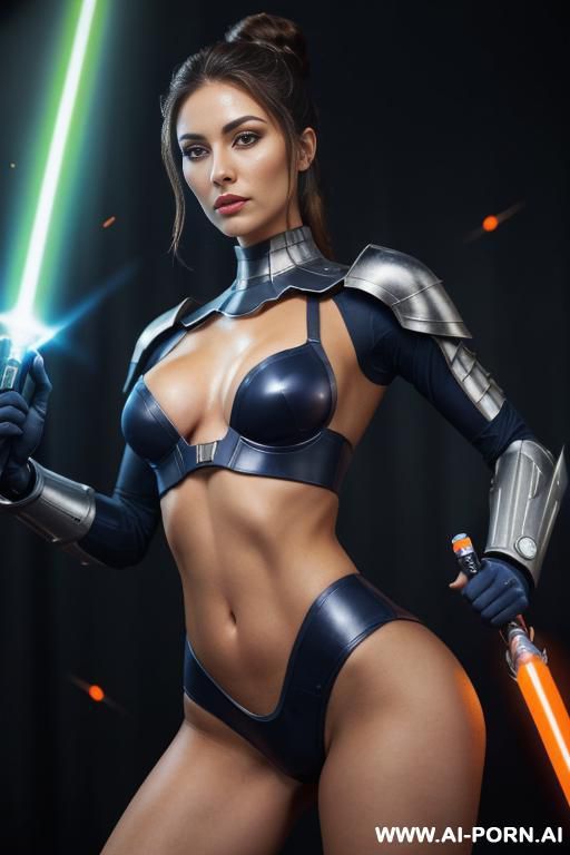 sci-fi swordwoman (front view) (keep face) strong body, wide hips, muscular thighs, firm boobs (beautiful sexy face) make up (eye contact) finely detail, highly detailed face, highly detailed eyes, - #main