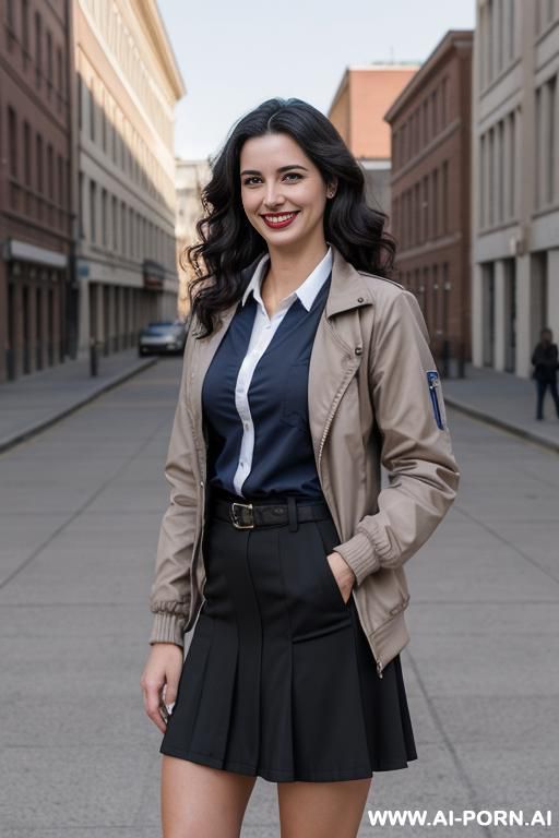 gorgeous, perfect face, dark lipstick, wavy, smile, realistic hip size, portugese, factory. - #main