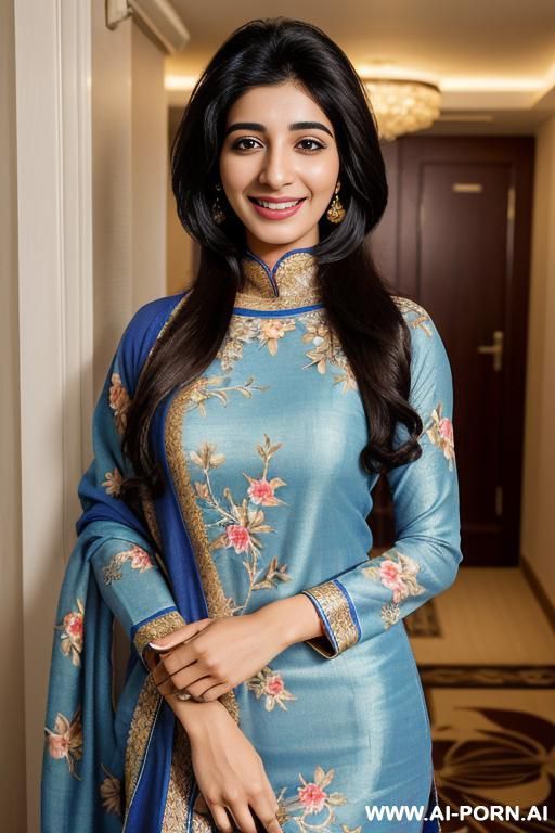((blue floral patterned crew neck dupatta)), (urwa hocane), ((( punjabi ))), (christmas ), (big nose), ((smiling at the camera)), photorealistic, (ultra detailed photo), (hyper realistic photo ), - #main