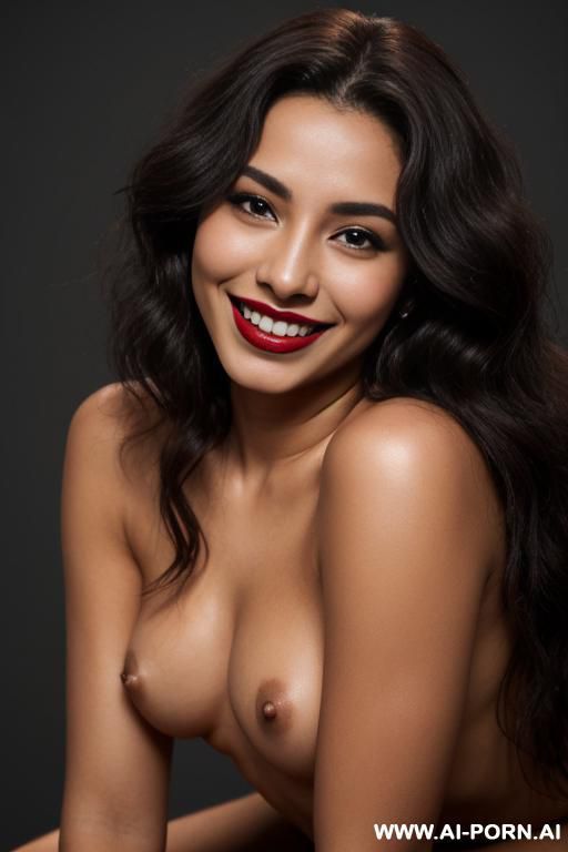 perfect face, dark lipstick, wavy, smile, realistic hip size, latina, empty background color. - #main