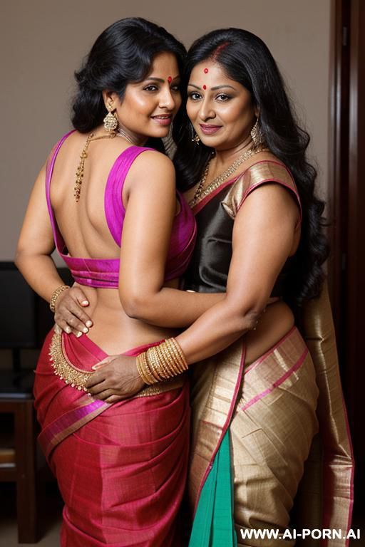 ancient indian chubby fifty years old black haired queen in a traditional sari is groping from behind a devote full naked indian female with shaved vagina - #main