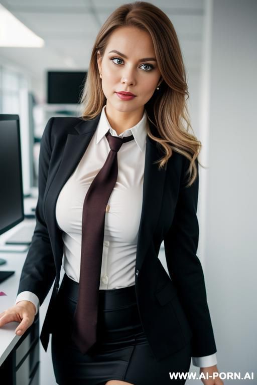 busty scandi, blazer, office shirt, pencil skirt, tights, ((tie)), hourglass body, messy hair - #main