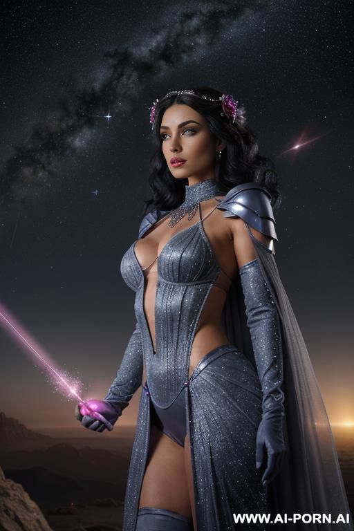 (front view), (looking at the viewer), (detailed face), (detailed body), (detailed skin), (detailed hands), star princes, toned figure, natural breasts, curly long dark blue hair with white glitter, - #main