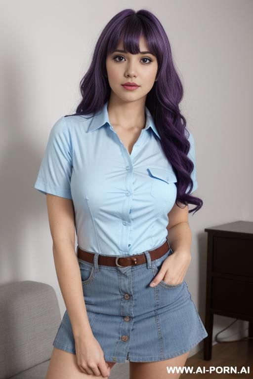 big tits, purple wavy hair with bangs, casting couch, light blue button up t-shirt, micro skirt - #main