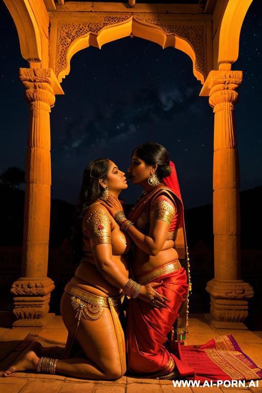 ancient indian chubby priestess in a traditional sari is kissing a full naked chubby ancient indian female temple servant with shaved vagina under the stars - #main
