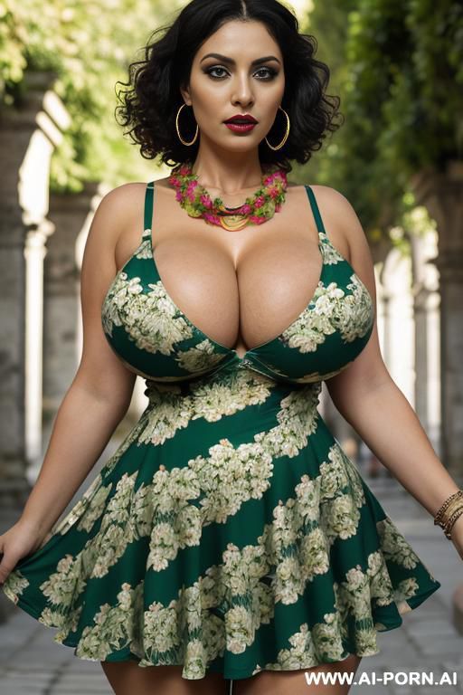 ((((huge boobs)))), hoop earrings, (heavy necklace), thick wide round dark lips, eye contact, (((big expressive eyes))), eye makeup colorful, many bangles, mouth open, (((green floral dress))) - #main