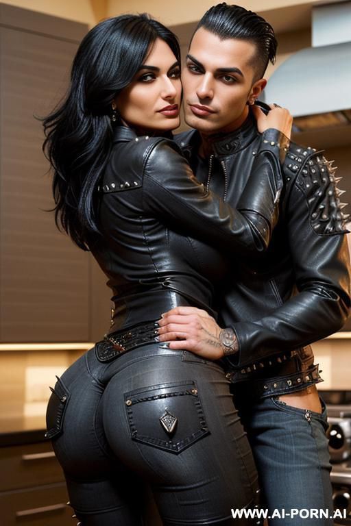 ((((arab milf hugging a twenty year old muscular punk man on the lips)))) with ((((((gigantic tits)))))) and (((long hair))), (makeup) , (((tight spiked black leather jacket))) (((tight jeans))) - #main