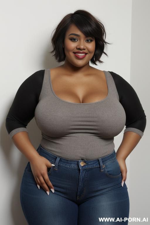 black woman, rotund body, huge, supermodel, pear shaped, short hair, huge legs, massive hips, high rise jeans, eye contact - #main