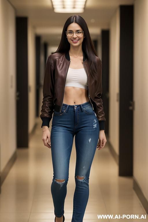 a smiling woman is walking down a brightly lit hallway to the viewer. she has very long, straight hair (3 feet long hair) and is wearing glasses with reddish-black frames. her unzipped - #main