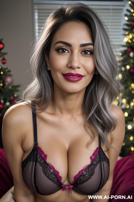 pakistani babe pornstar milf, long wavey blonde hair, full body view, ((keep face)) ((keep body)), christmas time, christmas lights, christmas theme living room, christmas pin up, cuckold, crawl and open mouth for her lover, - #main