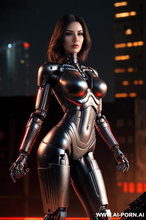 (front view), (looking at the viewer), (detailed face), (detailed body), (detailed hands), (detailed skin), terminator woman, red cybernetic eyes, metal robotic hands, armed with laser rifle, city ruins on the background - #main