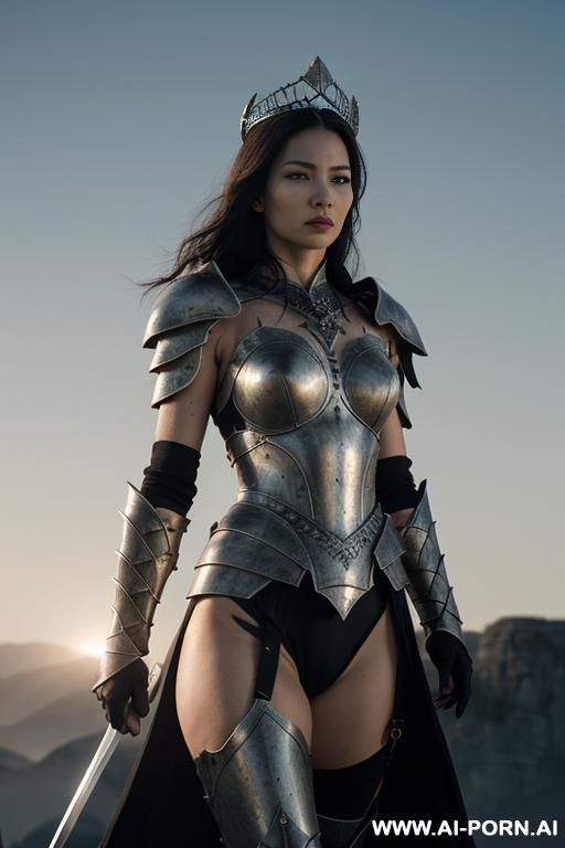 (front view), ((pallid gray skin))), ((pallid gray color of the face))), perfect athletic body, very dominant serious woman, wearing a black steel crown, wearing a gauntlets, wearing black fantasy - #main