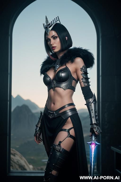 (medium shot), (front view), (eye contact), (looking at viewer), sci-fi dark fantasy swordswoman, dominant body pose, threaing looking woman, arrogant cruel face, ultra realistic, slender sinewy body, - #main